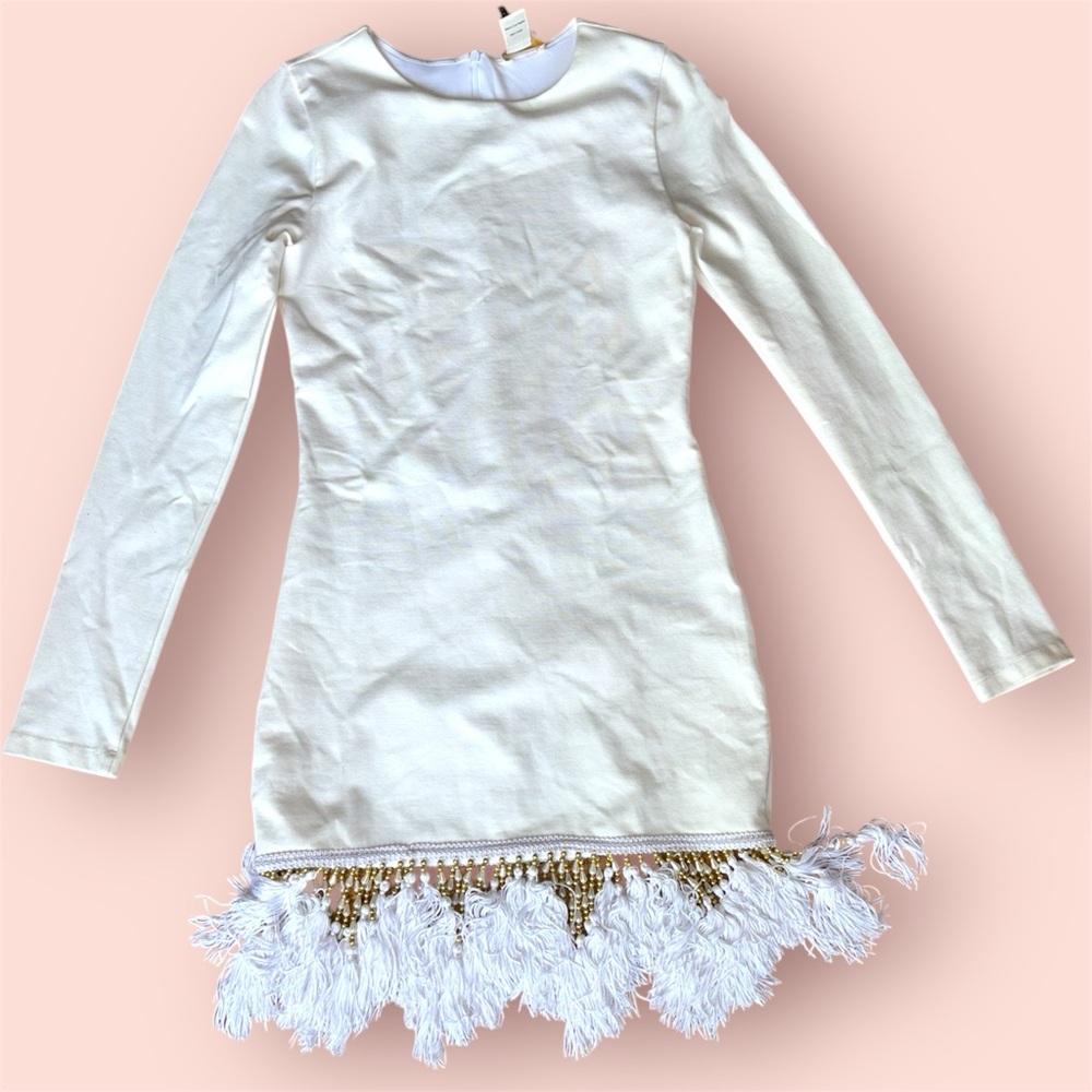 Lurelly Sz 6 cream fitted mini dress with gold and white tassels